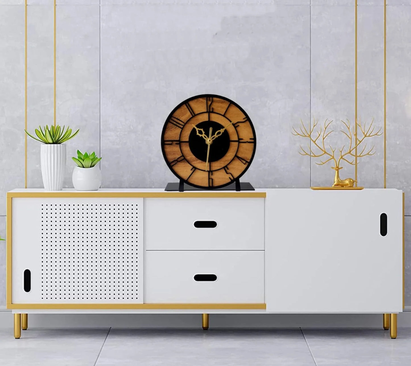 Designer Metal & Wooden Table Clock for Living Room & Home, Used for Study Table/Office Desk/Gift Item (6 inch)