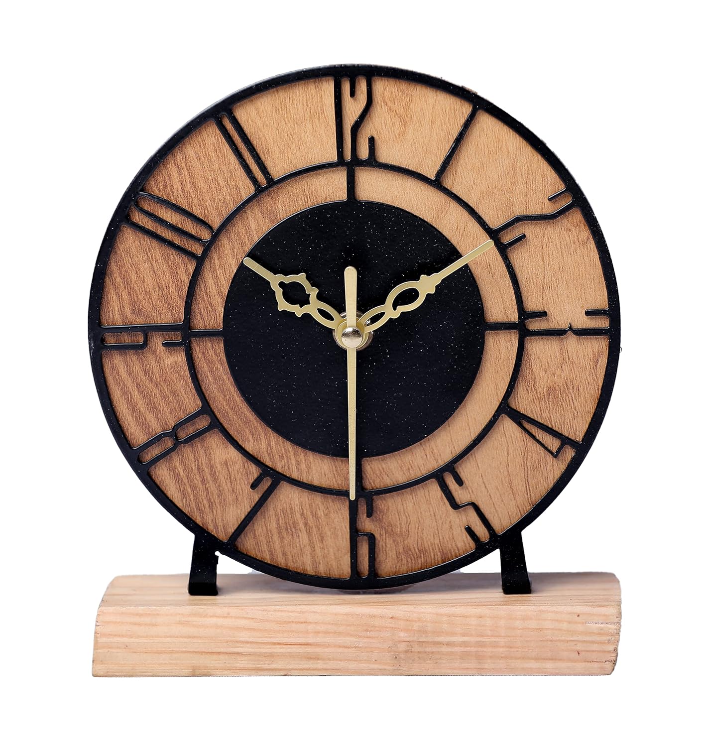 Designer Metal & Wooden Round Table Clock for Living Room & Home (6 Inch)