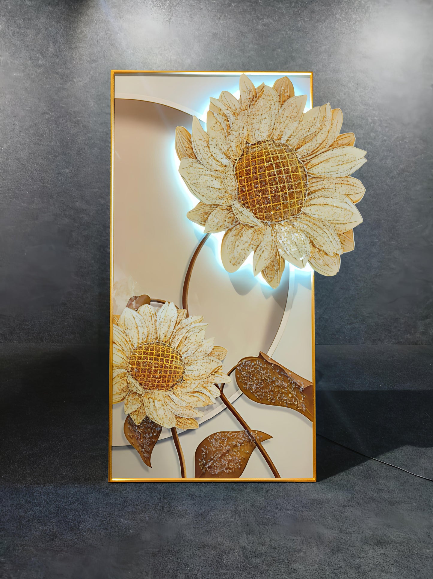 Modern Flower Crystal Glass Painting with Metal Framing and LED Light - 24x48 Inch