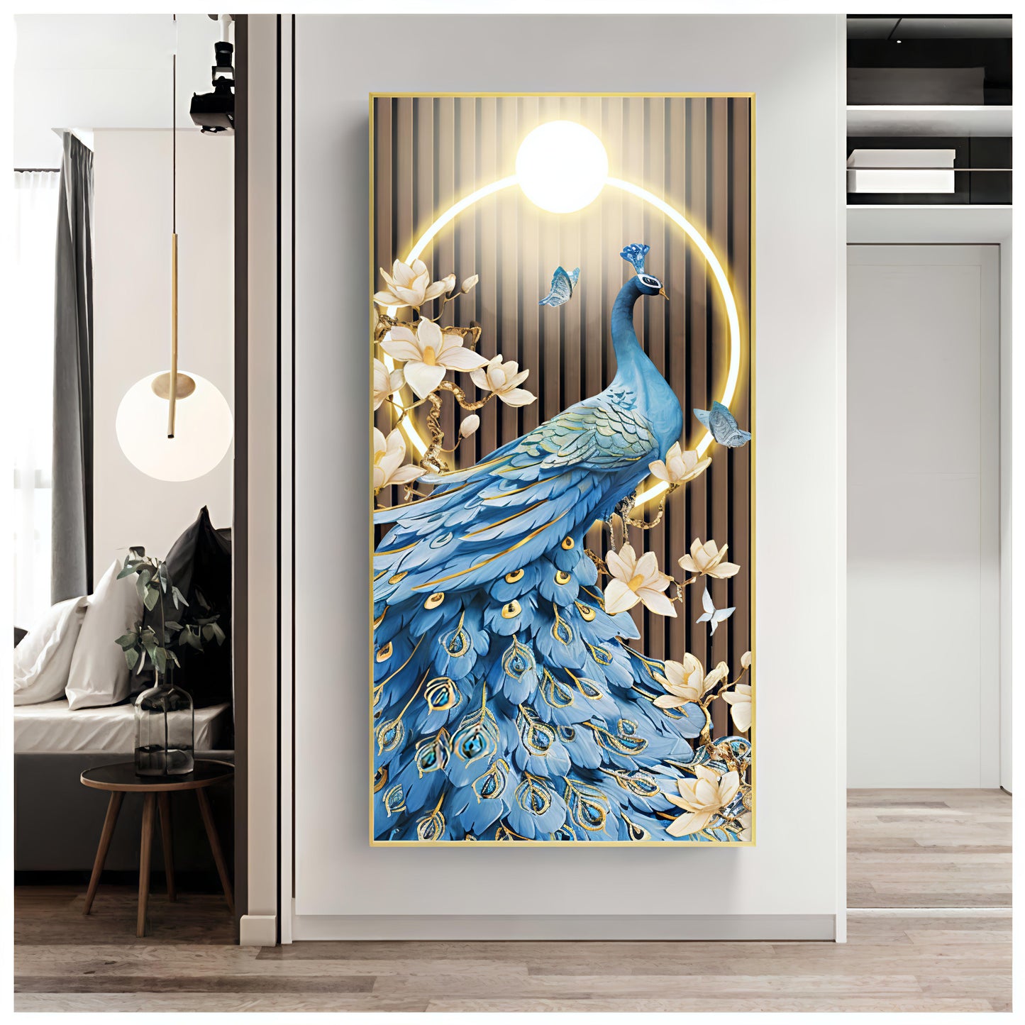 Modern Crystal Painting Set with Metal Framing - Golden Frame, Crystal & Glass Work - LED Light (24 X 48 INCH)