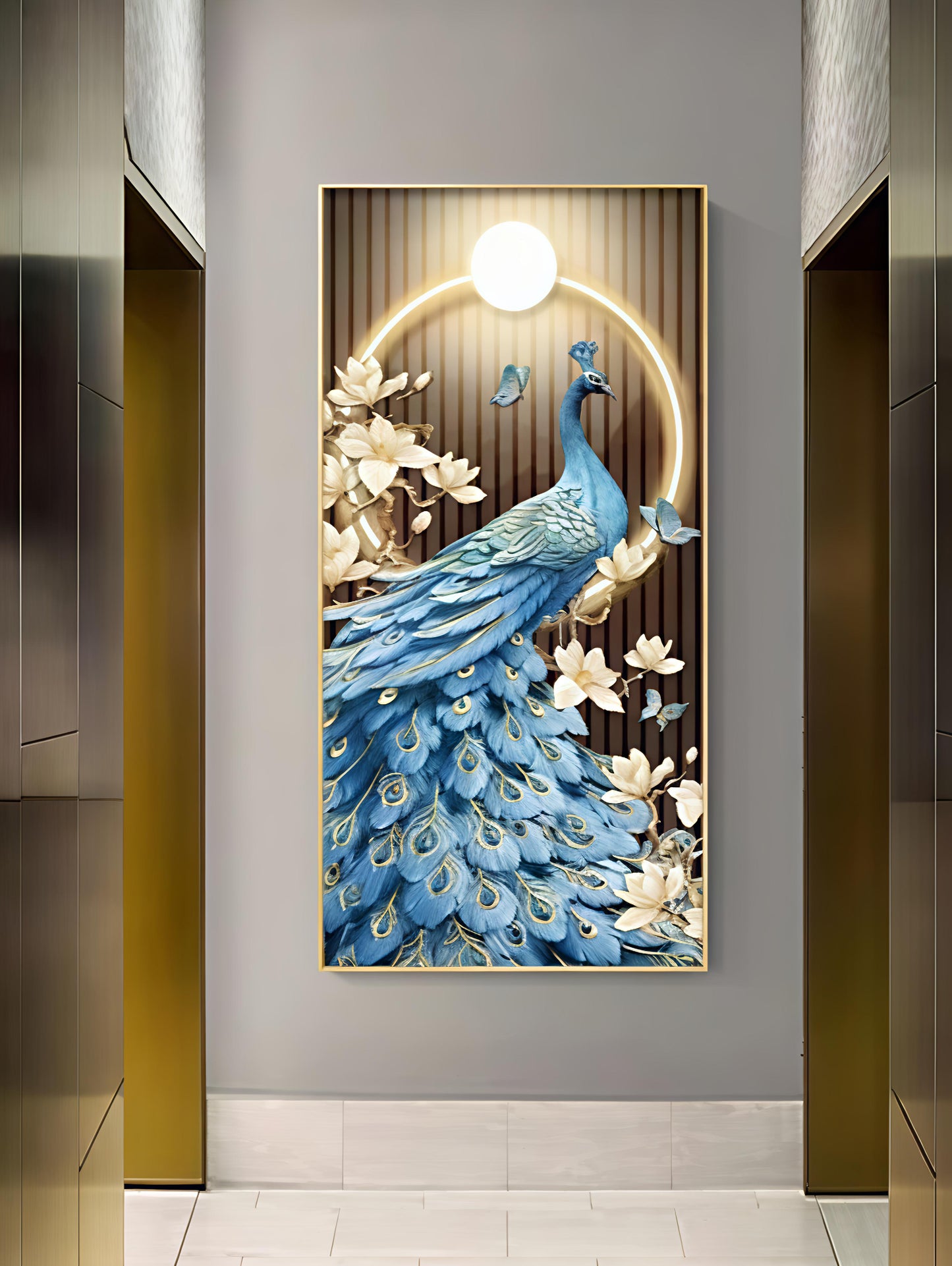 Modern Crystal Painting Set with Metal Framing - Golden Frame, Crystal & Glass Work - LED Light (24 X 48 INCH)