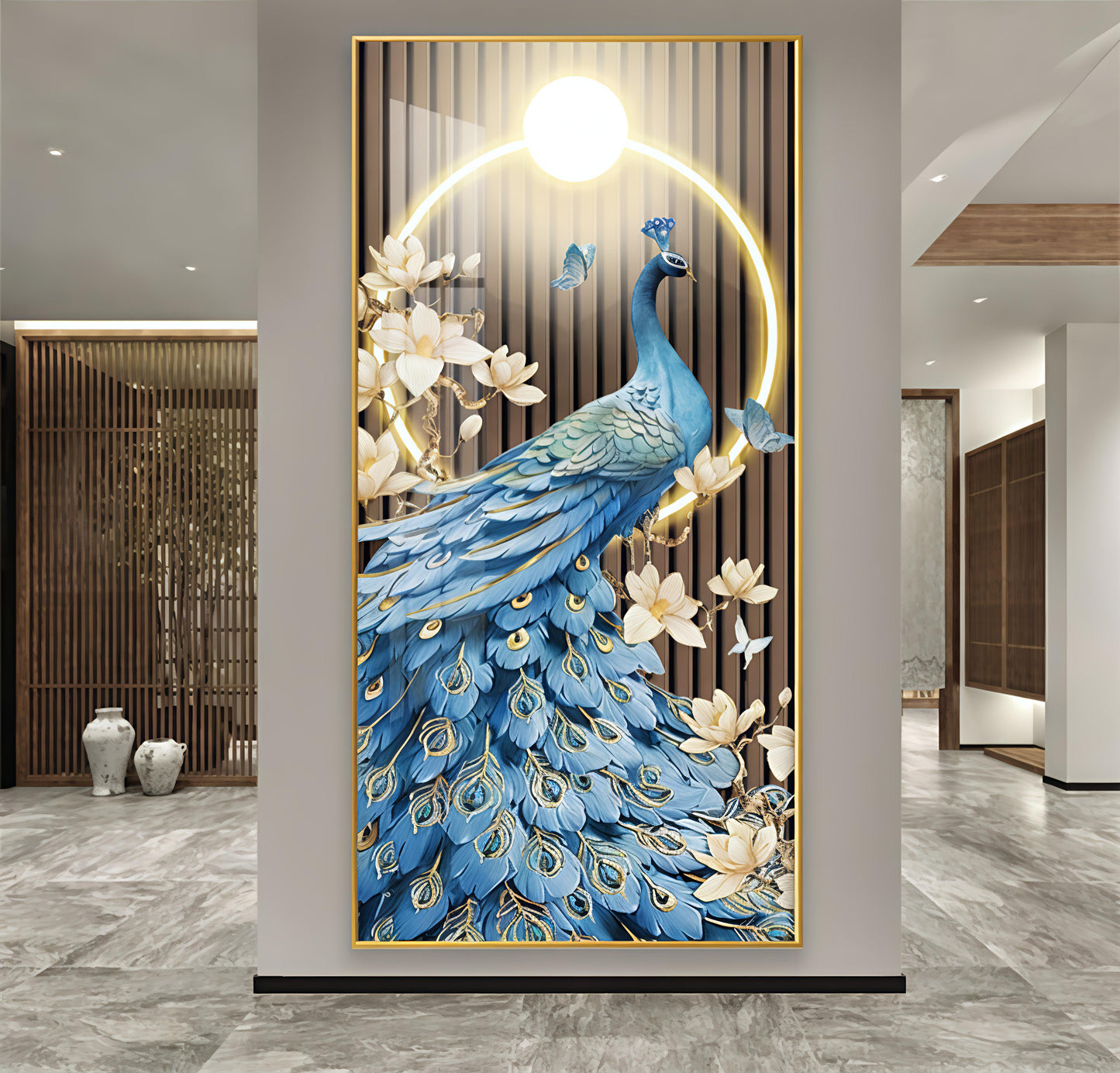Modern Crystal Painting Set with Metal Framing - Golden Frame, Crystal & Glass Work - LED Light (24 X 48 INCH)