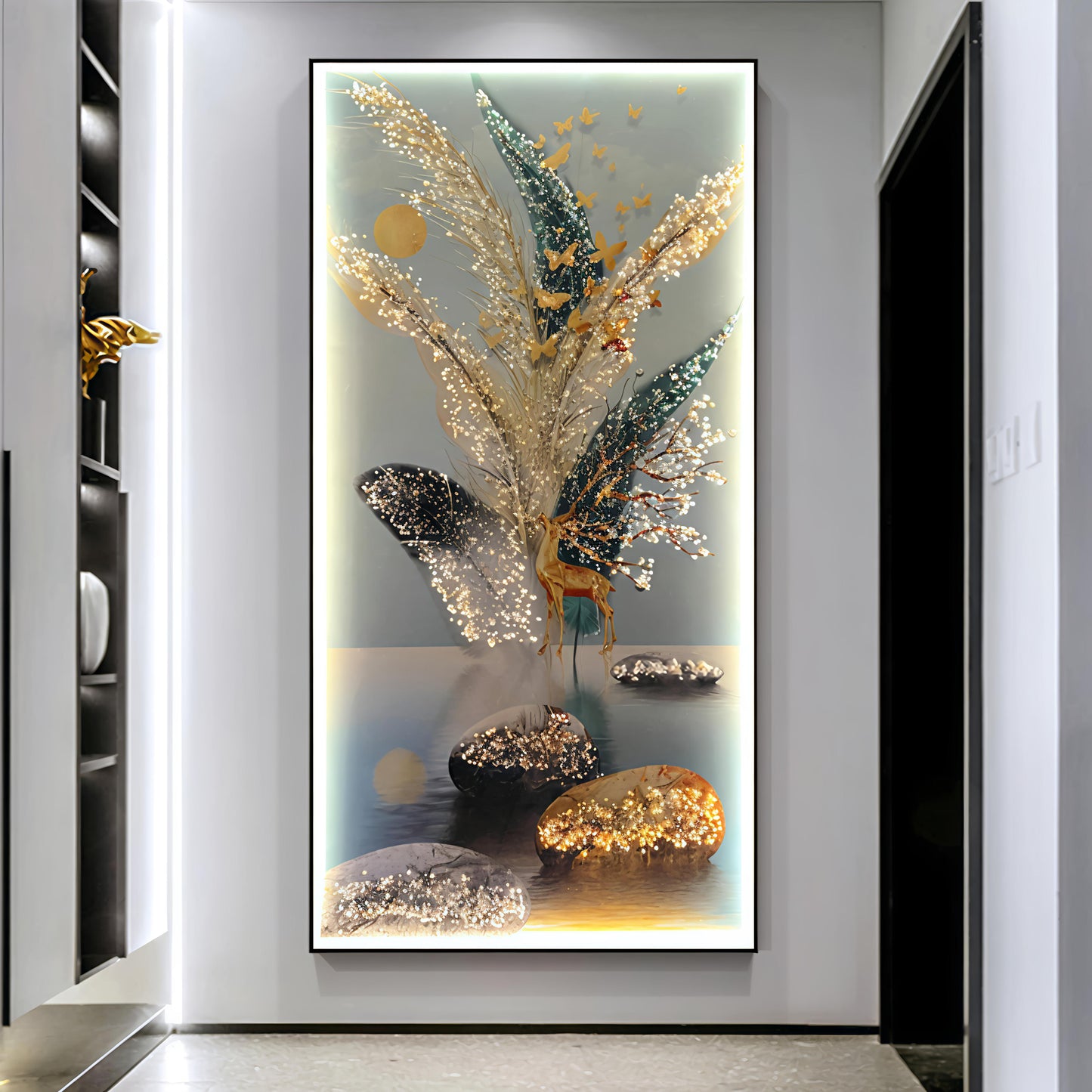Modern Crystal Painting Set with Metal Framing - Golden Frame, Crystal & Glass Work - LED Light (24 X 48 INCH)