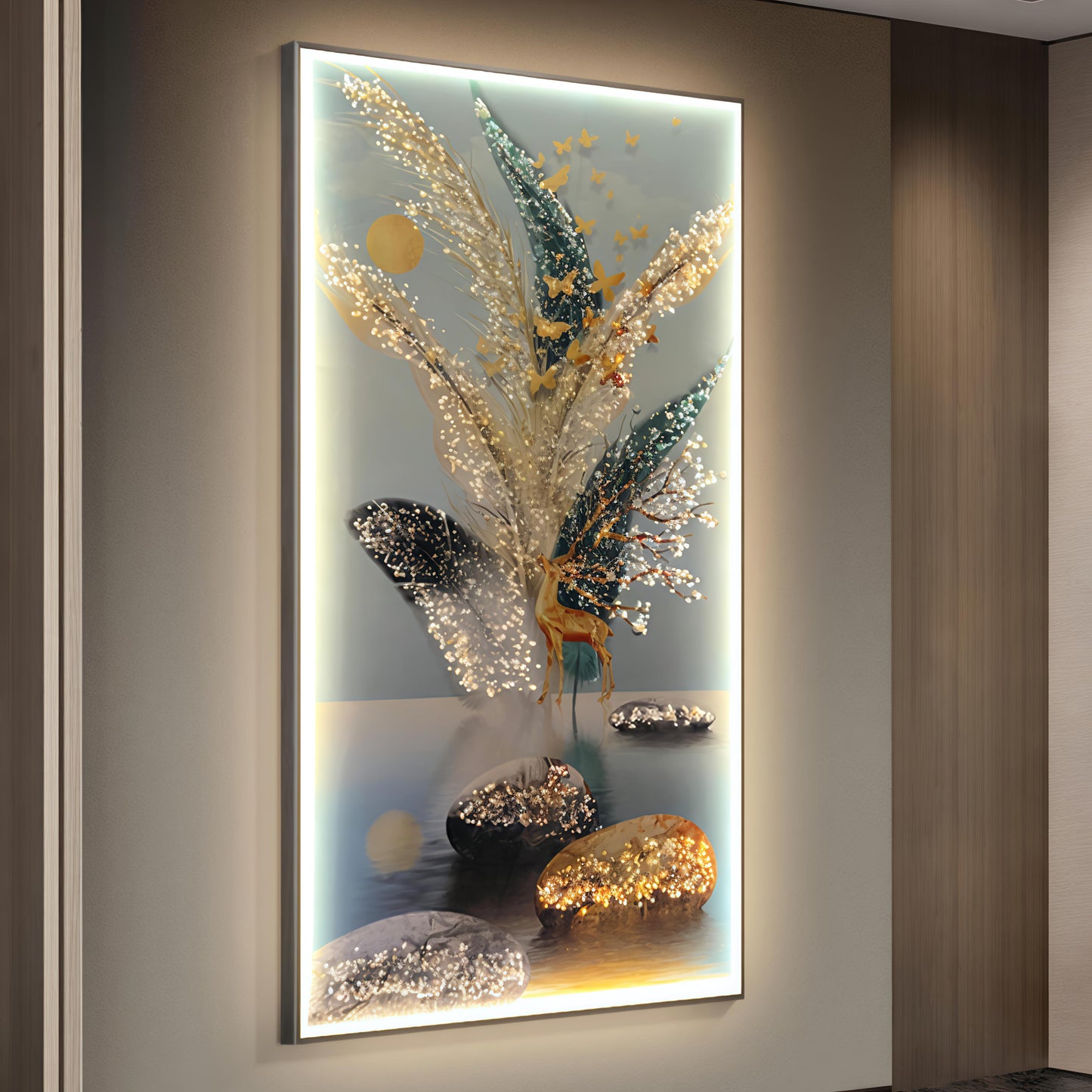Modern Crystal Painting Set with Metal Framing - Golden Frame, Crystal & Glass Work - LED Light (24 X 48 INCH)