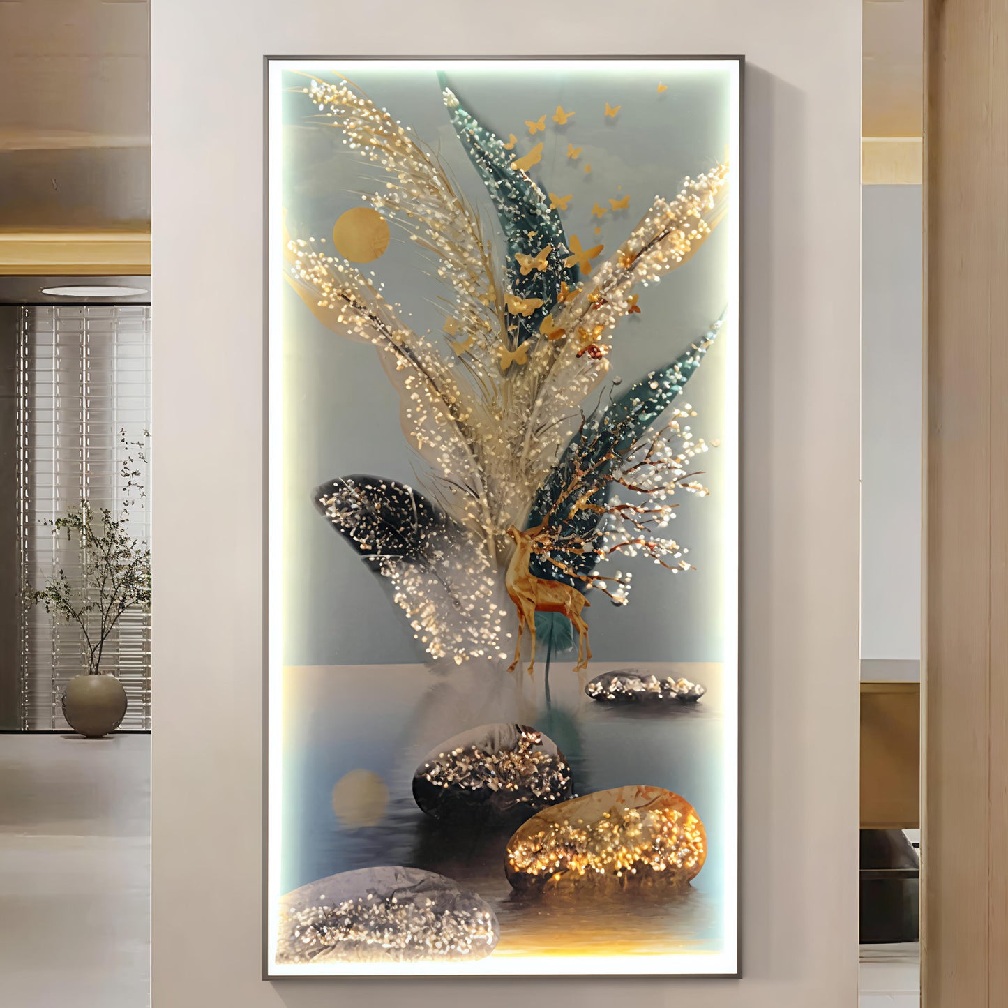 Modern Crystal Painting Set with Metal Framing - Golden Frame, Crystal & Glass Work - LED Light (24 X 48 INCH)