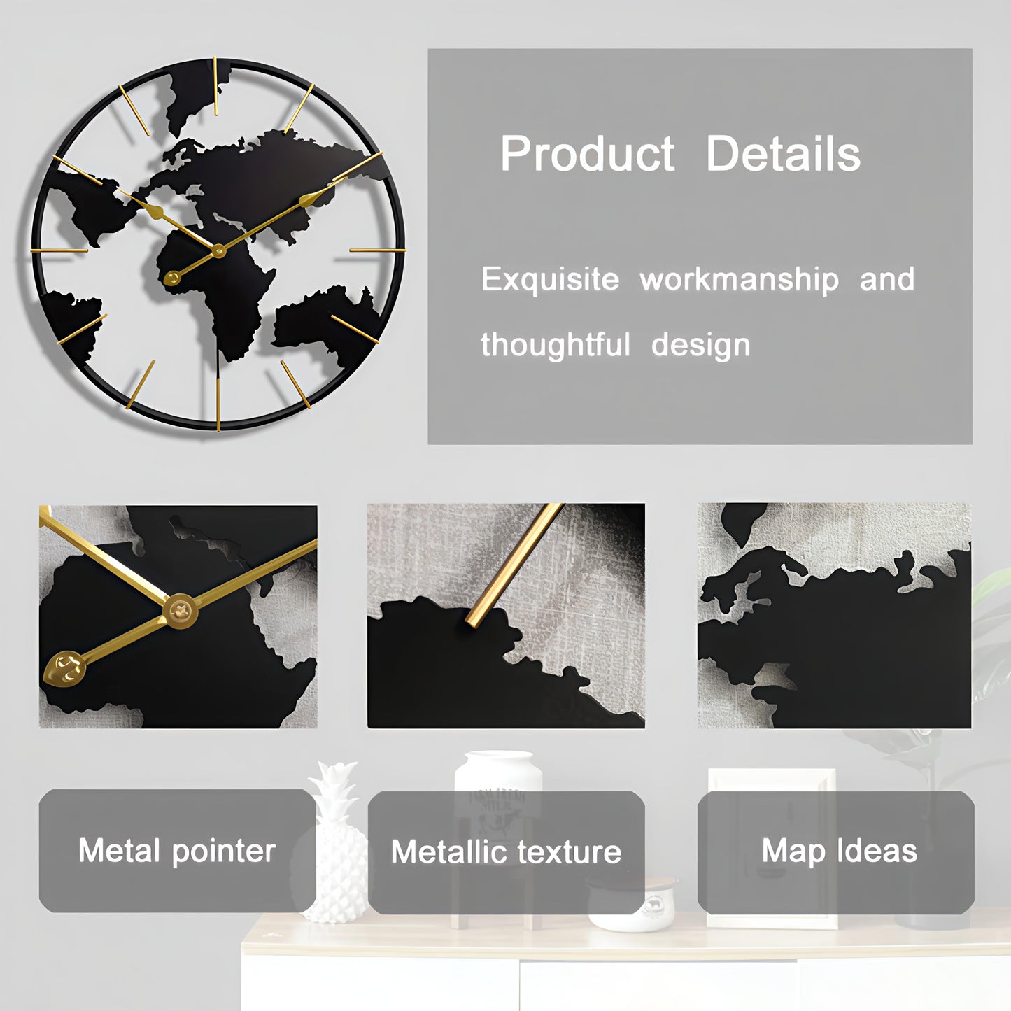 Luxury World Map Wall Clock – Modern Metal Design for Home & Office Decor