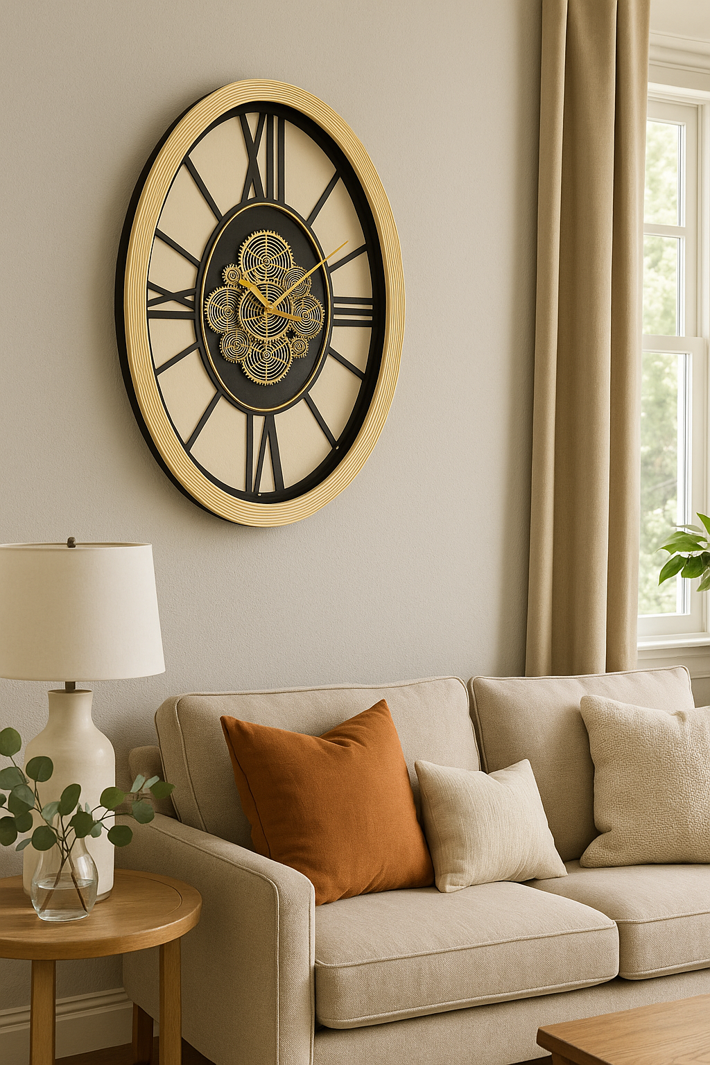 Designer Metal Gear Wall Clock with moving Gear and Wooden Finish (68 x 50 CM)
