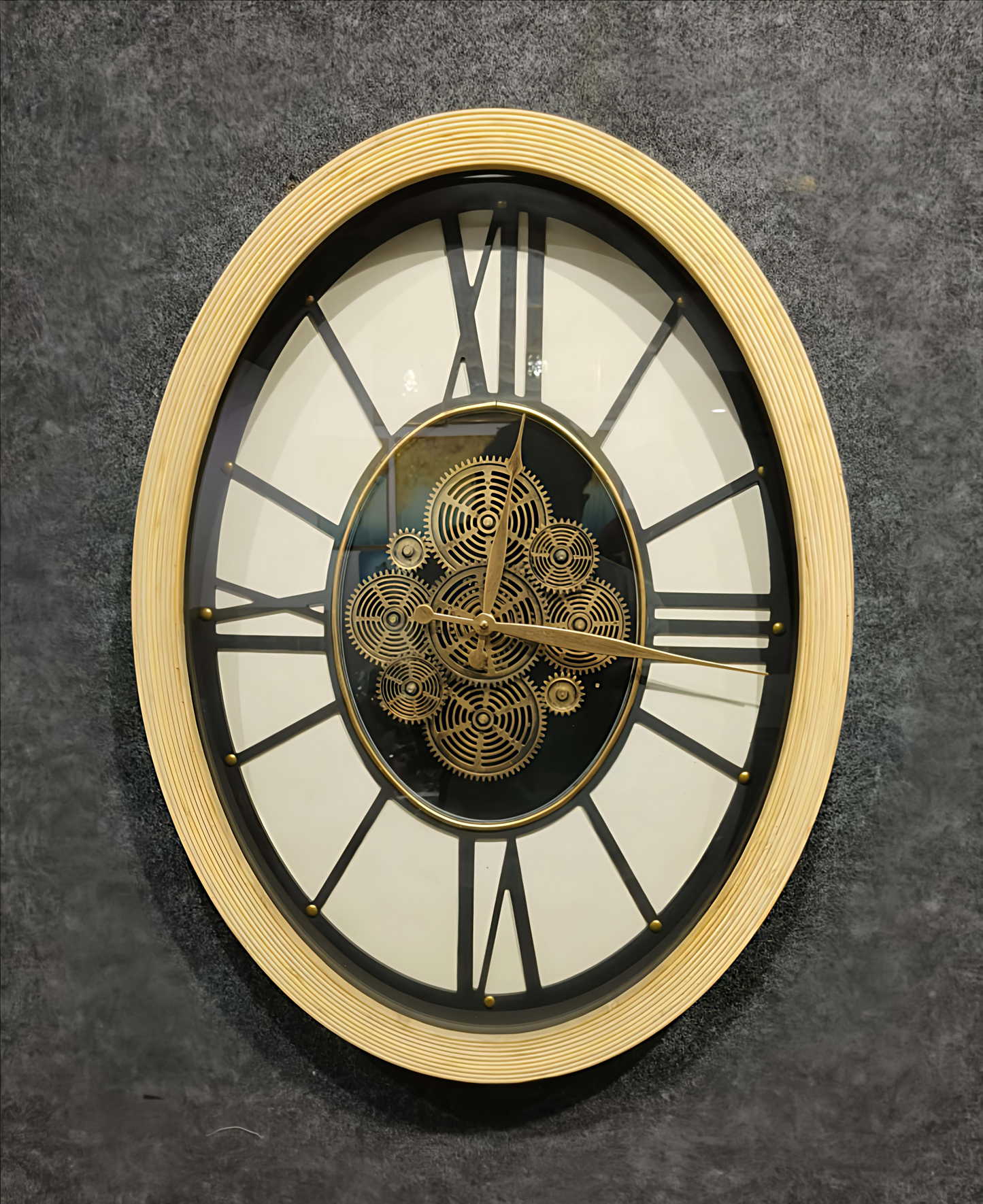 Designer Metal Gear Wall Clock with moving Gear and Wooden Finish (68 x 50 CM)