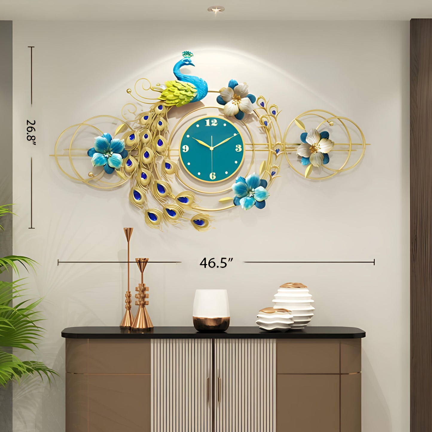 3D Designer Big Peacock Colorful Metal Wall Clock- 46.5 x 26.5 Inch
