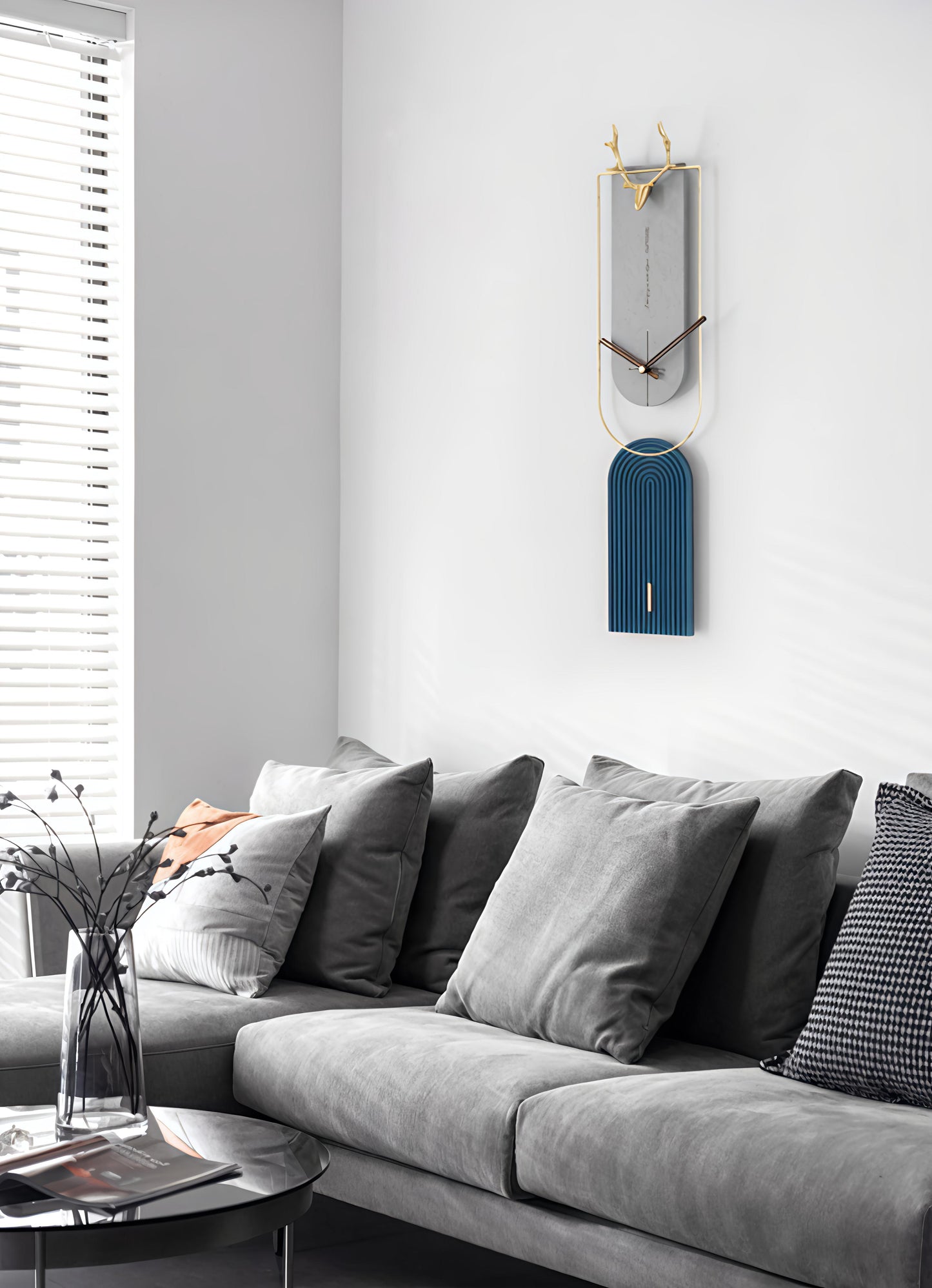 Elegant Antler Design Premium Metal Wall Clock – 30 x 7 Inch (Black & Blue)