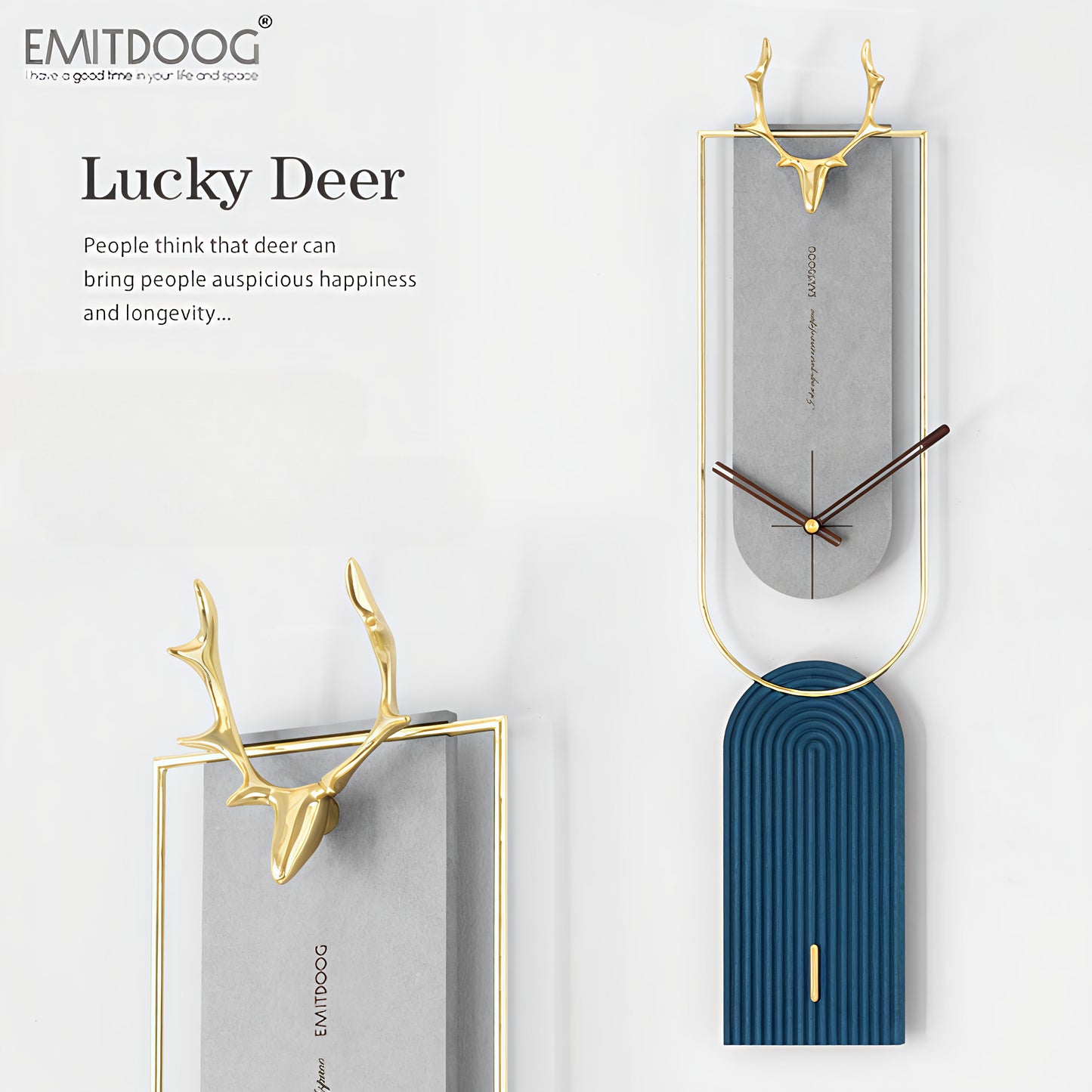 Elegant Antler Design Premium Metal Wall Clock – 30 x 7 Inch (Black & Blue)