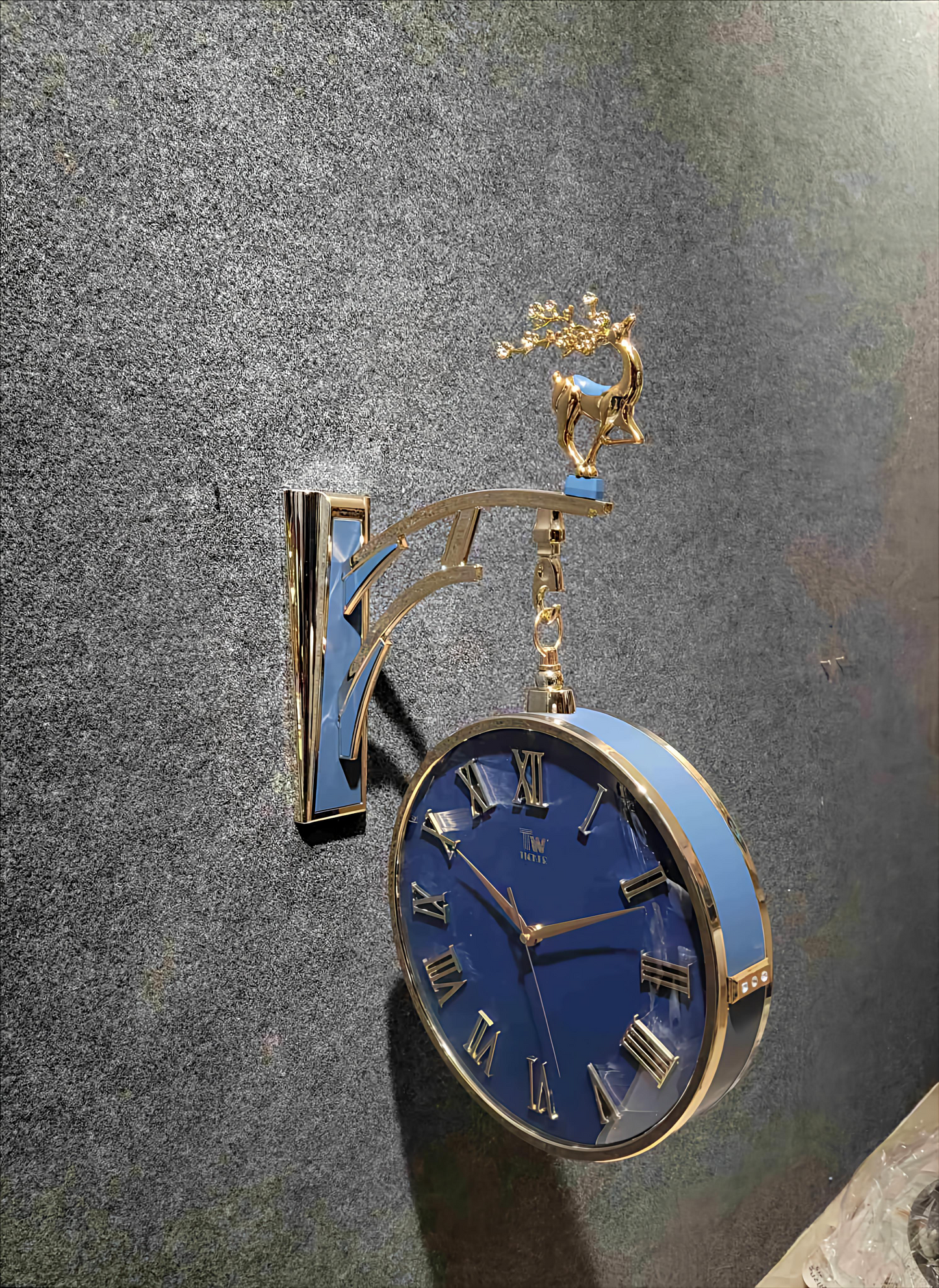 Blue & Gold Double-Sided Wall Clock with Deer Horn Top – 12 Inch Elegant Designer Clock