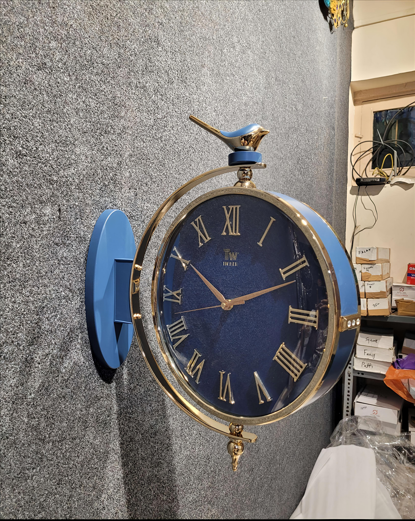 Blue & Gold Double-Sided Wall Clock with Bird Top – 12 Inch Elegant Minimal Wall Clock