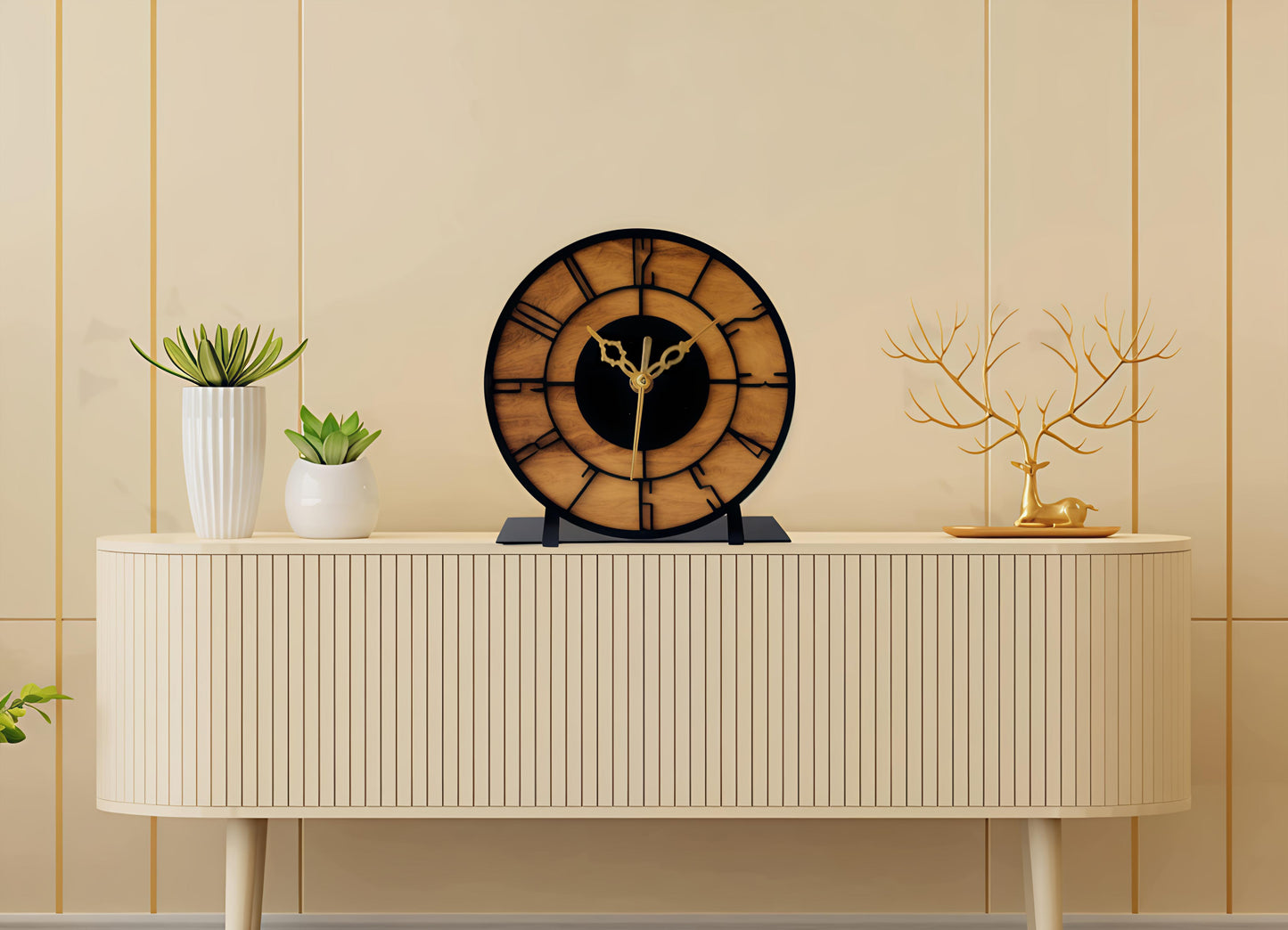 Designer Metal & Wooden Table Clock for Living Room & Home, Used for Study Table/Office Desk/Gift Item (6 inch)