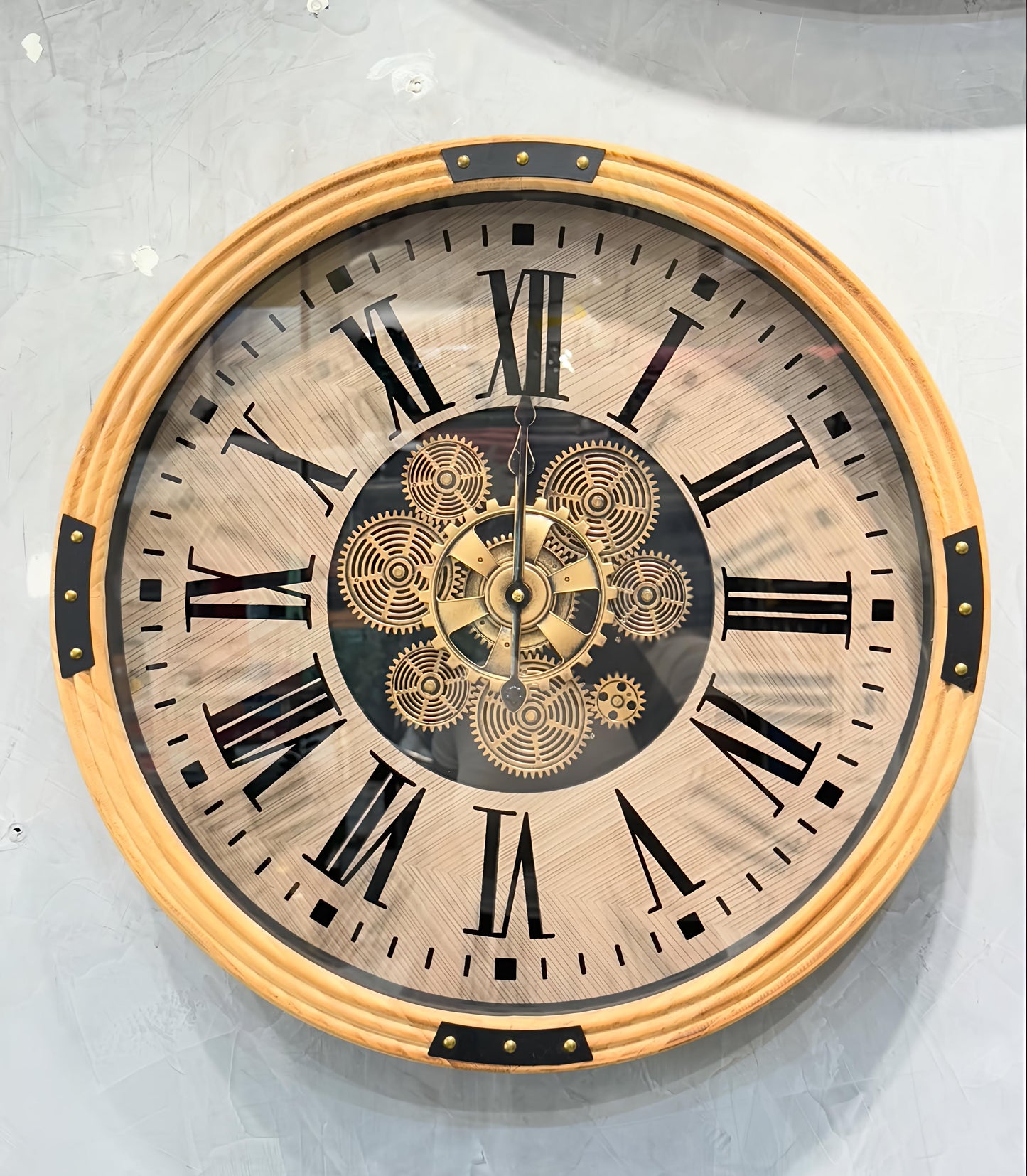 Wood Finish Metallic Gear Wall Clock– 54 CM Vintage Roman Dial Design