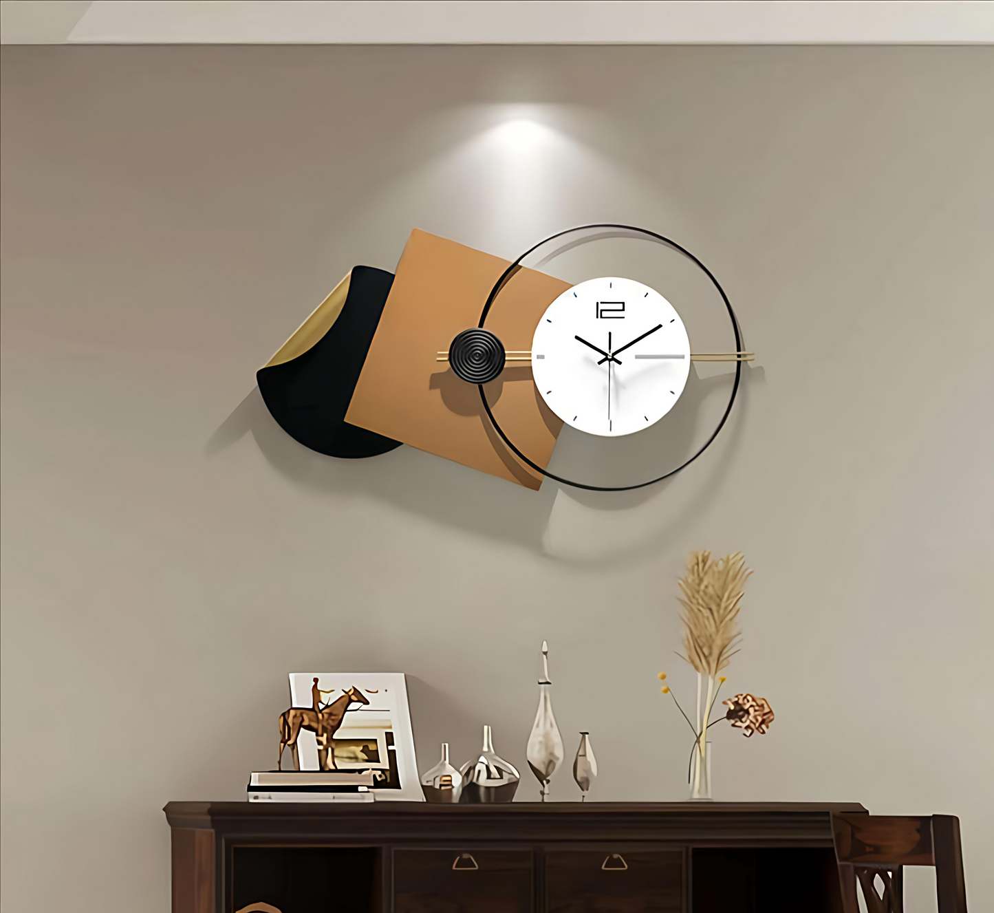 Abstract Art-Inspired Wall Clock – Black, Gold & Beige 103x55 CM