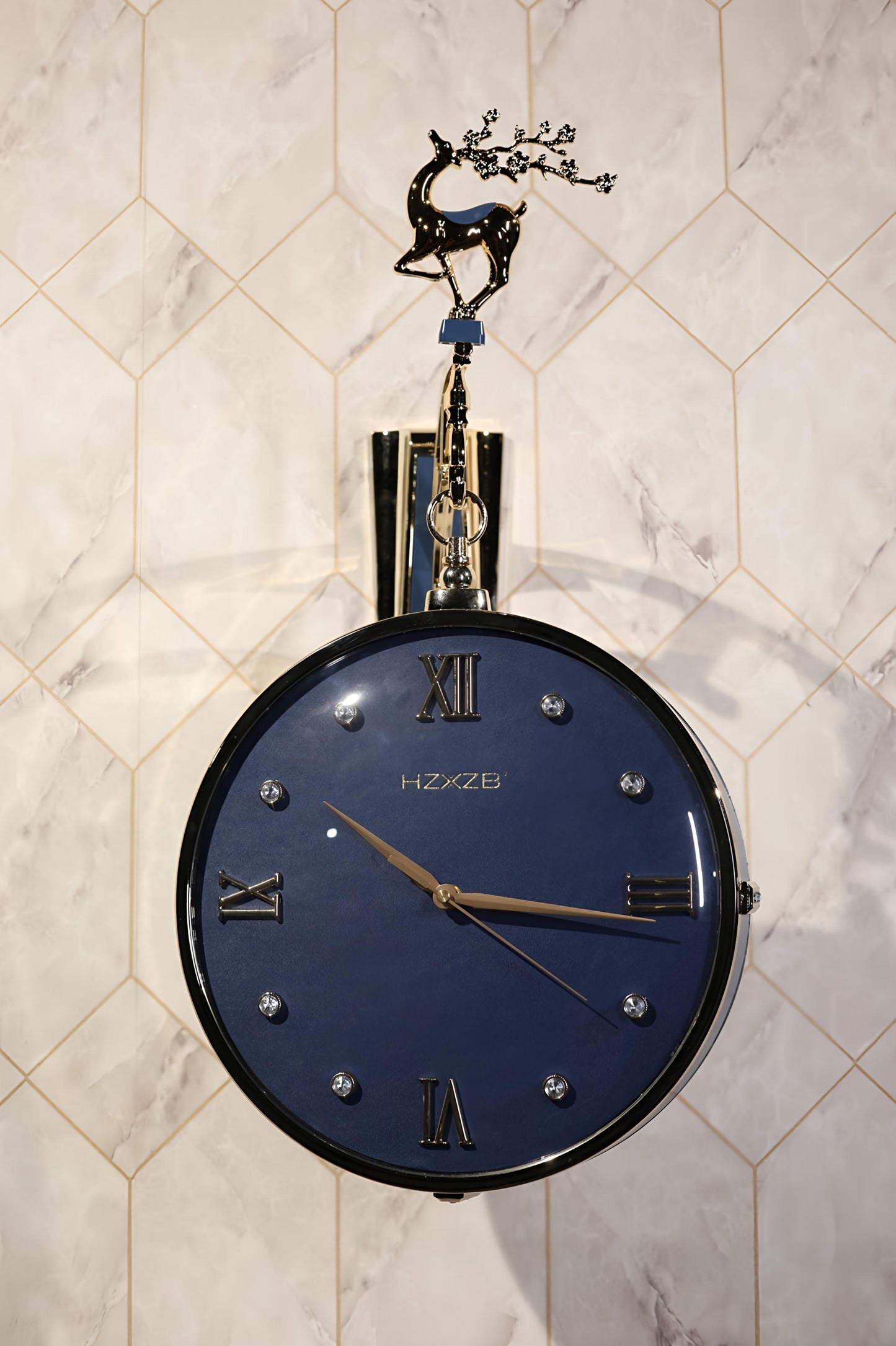 Blue & Gold Double-Sided Wall Clock with Deer Horn Top – 12 Inch Elegant Designer Clock