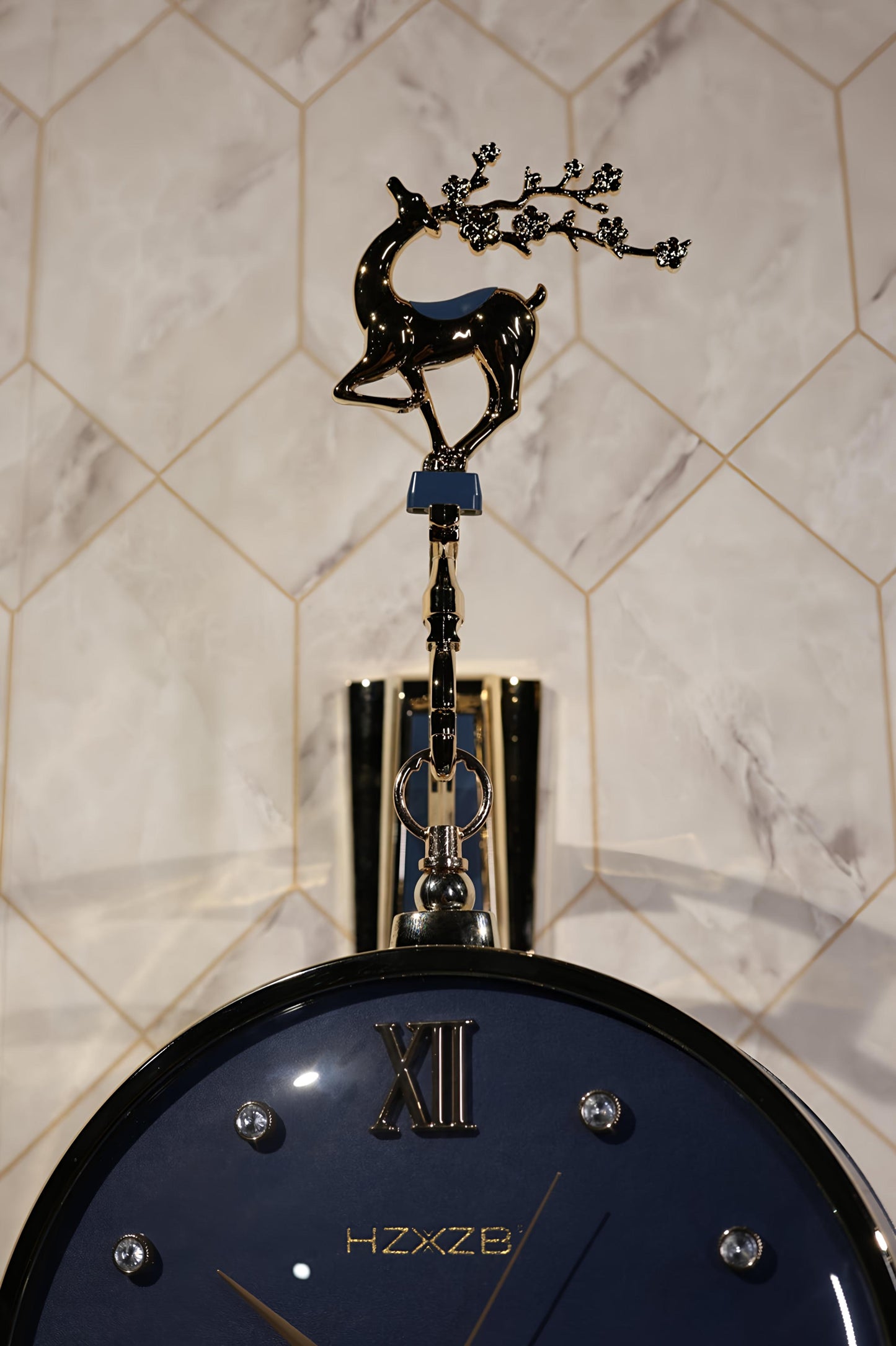 Blue & Gold Double-Sided Wall Clock with Deer Horn Top – 12 Inch Elegant Designer Clock
