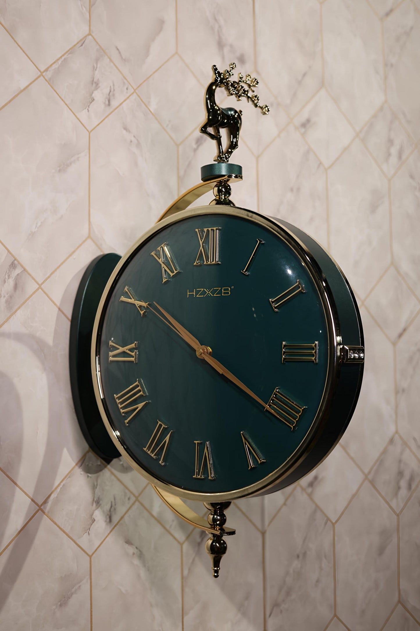 Emerald Green & Gold Deer Double-Sided Wall Clock