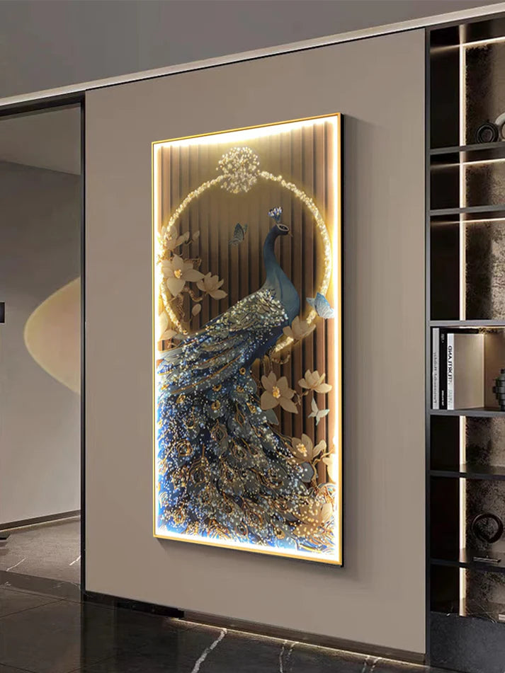 Modern Crystal Painting Set with Metal Framing - Golden Frame, Crystal & Glass Work - LED Light (24 X 48 INCH)