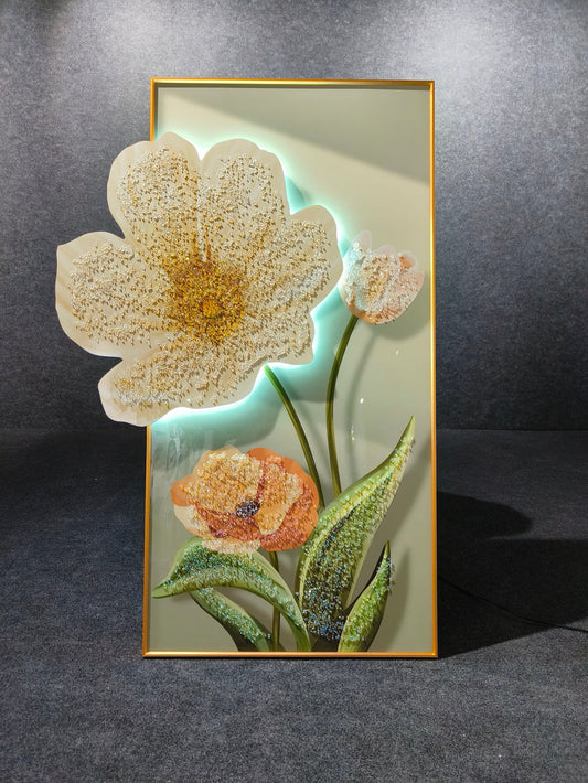 Modern Crystal Glass Painting with Metal Framing and LED Light - 24x48 Inch