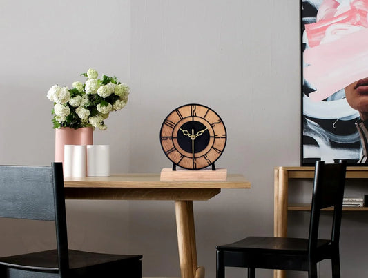 Designer Metal & Wooden Round Table Clock for Living Room & Home (6 Inch)