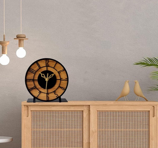 Designer Metal & Wooden Table Clock for Living Room & Home, Used for Study Table/Office Desk/Gift Item (6 inch)
