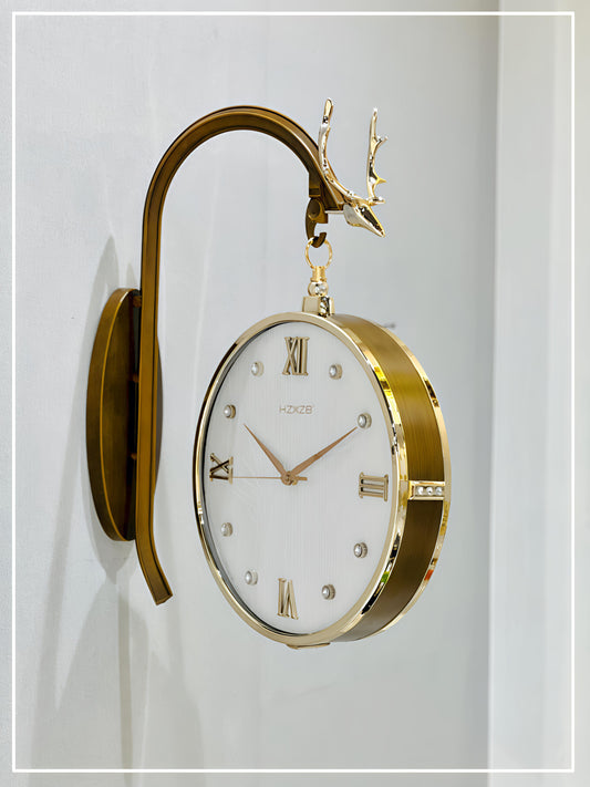 Dual Dial Metal Hanging Wall Clock [ Brown & White]