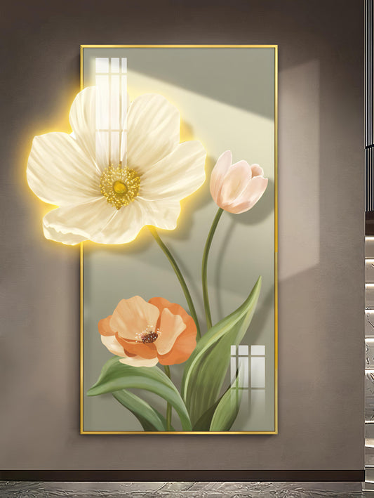 Modern Crystal Glass Painting with Metal Framing and LED Light - 24x48 Inch