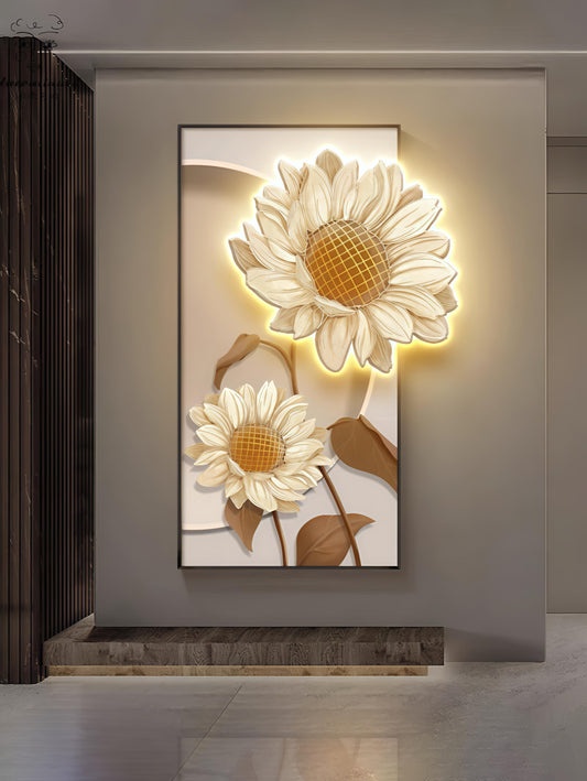 Modern Flower Crystal Glass Painting with Metal Framing and LED Light - 24x48 Inch