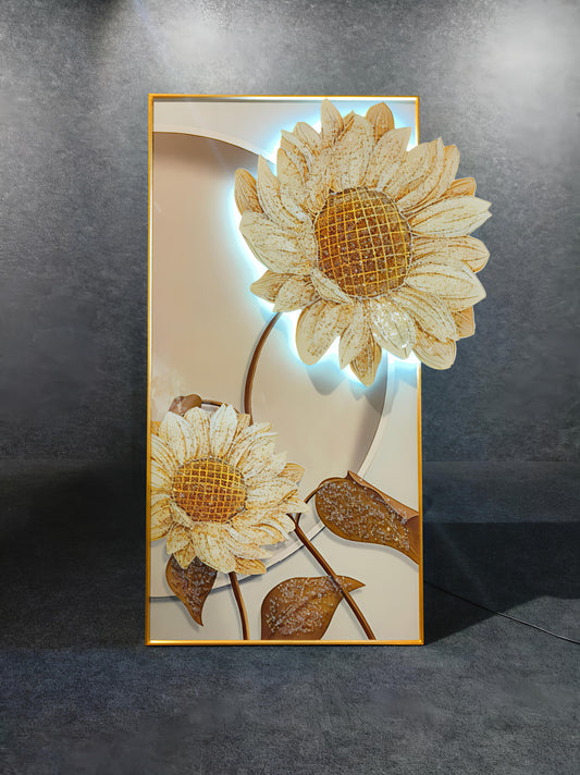 Modern Flower Crystal Glass Painting with Metal Framing and LED Light - 24x48 Inch