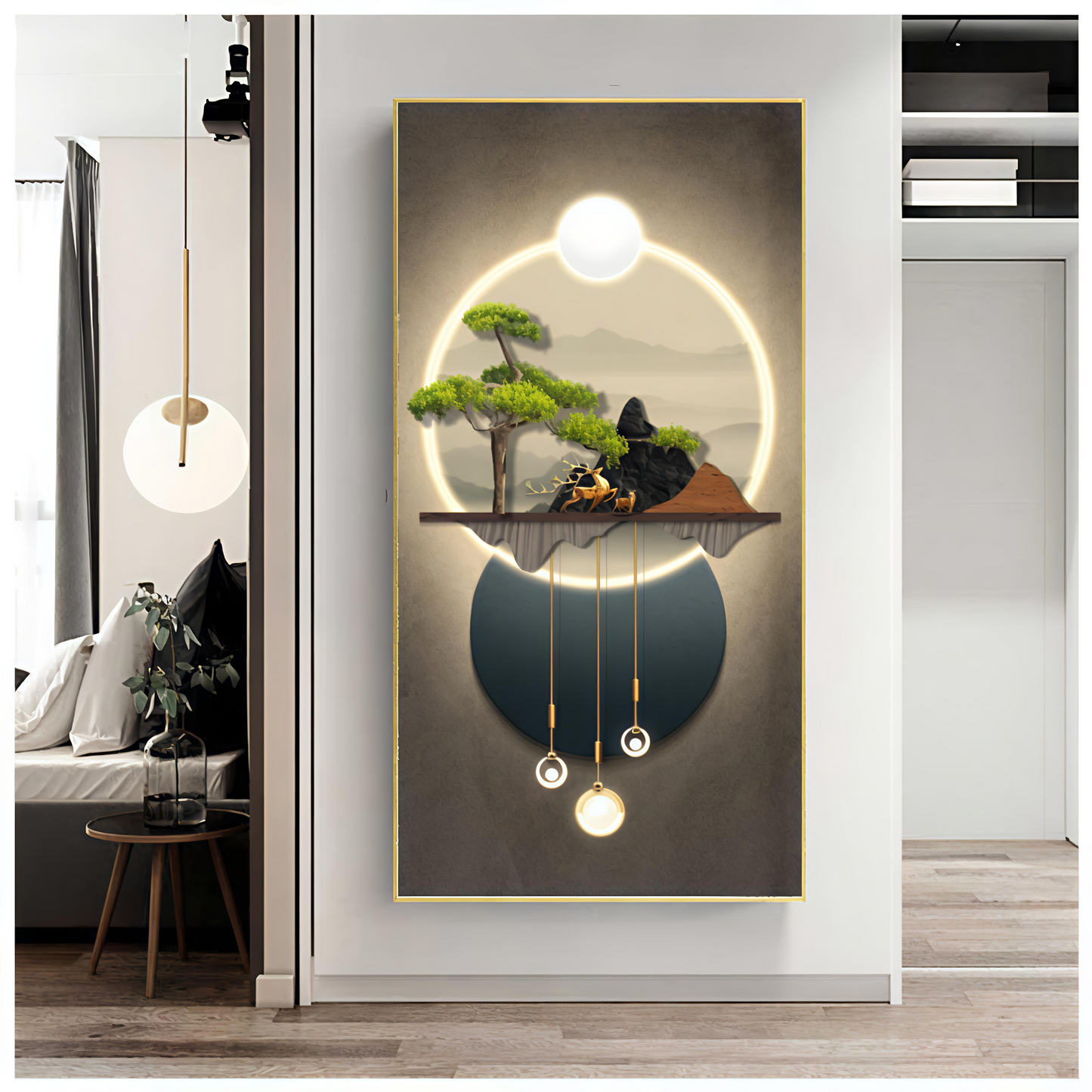 Modern Crystal Glass Painting Set with Metal Framing - Golden Frame, Crystal & Glass Work - LED Light
