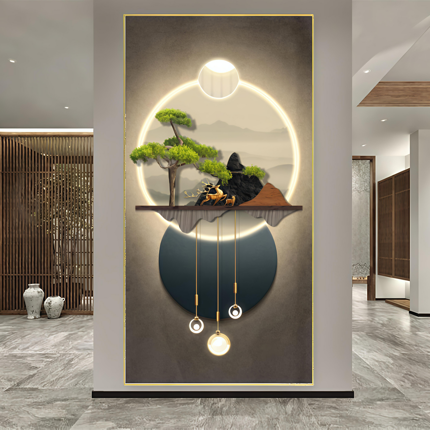 Modern Crystal Glass Painting Set with Metal Framing - Golden Frame, Crystal & Glass Work - LED Light