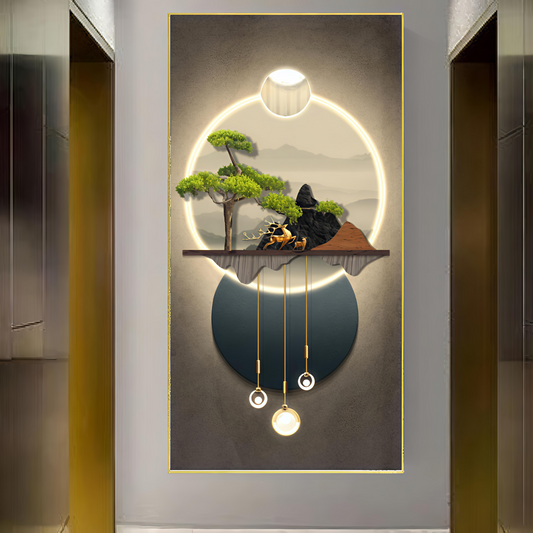 Modern Crystal Glass Painting Set with Metal Framing - Golden Frame, Crystal & Glass Work - LED Light