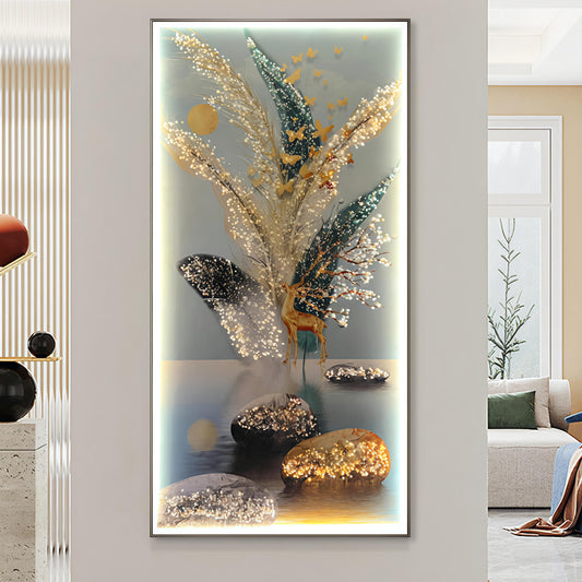 Modern Crystal Painting Set with Metal Framing - Golden Frame, Crystal & Glass Work - LED Light (24 X 48 INCH)