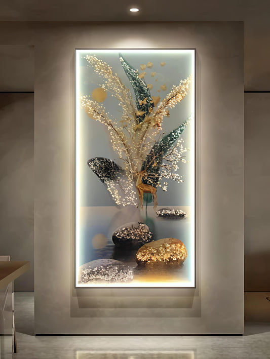 Modern Crystal Painting Set with Metal Framing - Golden Frame, Crystal & Glass Work - LED Light (24 X 48 INCH)
