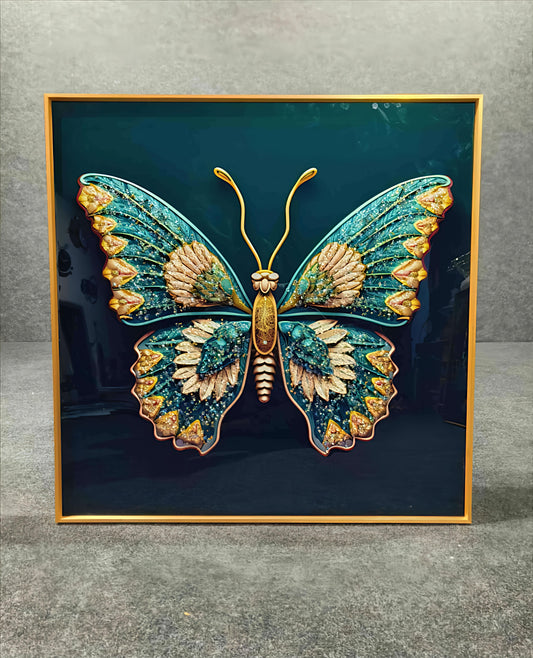 Crystal Painting of Golden Green Butterfly for Home Decor and Living Room Decoration (60 X 60 CM)