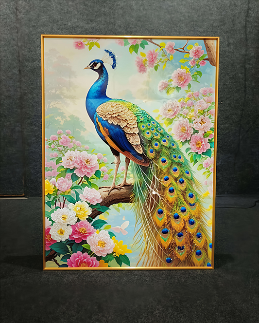 Modern Peacock Bird Crystal Glass Painting With Aluminium Frame (60 X 80 CM)