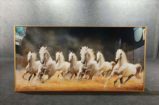 Seven White Horses Crystal Glass Painting with Golden Aluminium Frame (60 X 120 CM)
