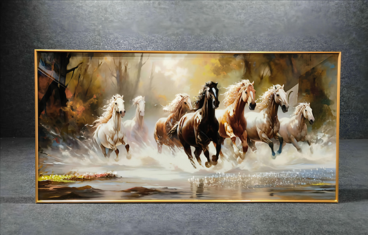 Seven Running Horses Multicolor Crystal Glass Wall Art with Golden Aluminium Frame (60 X 120 CM)