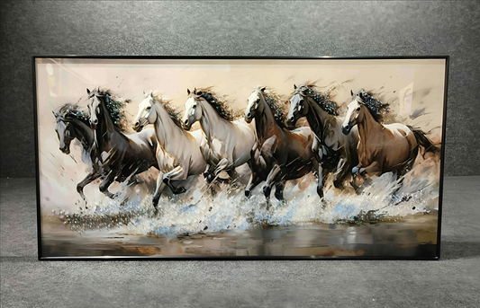 Seven Running Horses Multicolor Crystal Glass Wall Art with Golden Aluminium Frame (60 X 120 CM)
