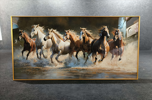 Seven Running Horses Multicolor Crystal Glass Wall Art with Golden Aluminium Frame (60 X 120 CM)