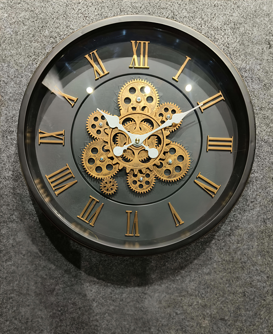 Luxury Black & Gold Moving Gear Wall Clock for Home Decor, Office, Living room (45 CM)