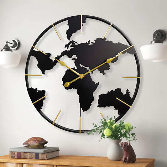 Luxury World Map Wall Clock – Modern Metal Design for Home & Office Decor