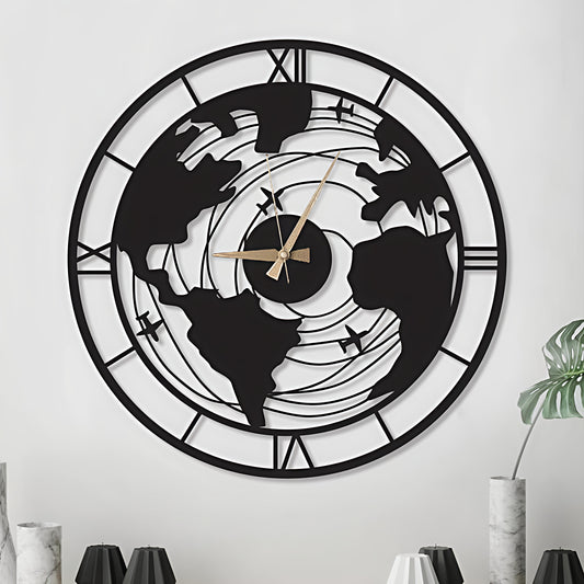 Luxury World Map Wall Clock – Modern Metal Design for Home & Office Decor