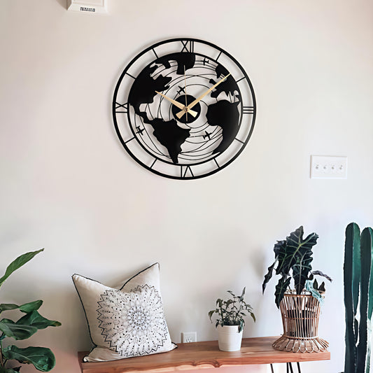Luxury World Map Wall Clock – Modern Metal Design for Home & Office Decor