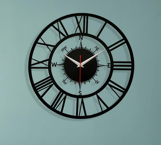 Compass Design Roman Numeral Wall Clock – Black Metal Frame for Living Room & Home Décor