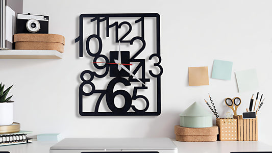 Abstract Numbers Square Metal Wall Clock – Black Modern Art Design