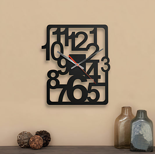 Abstract Numbers Square Metal Wall Clock – Black Modern Art Design