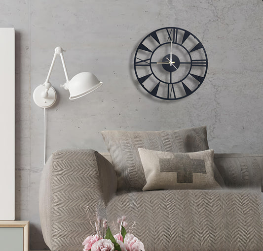 Designer Stylish Metal Wall Clock– Industrial Black Finish (16 Inch)
